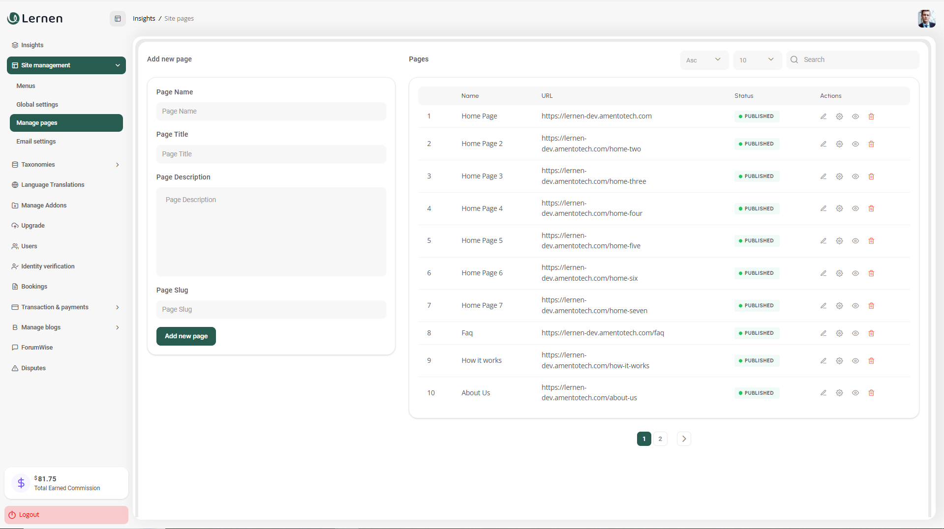 Manage Pages Interface