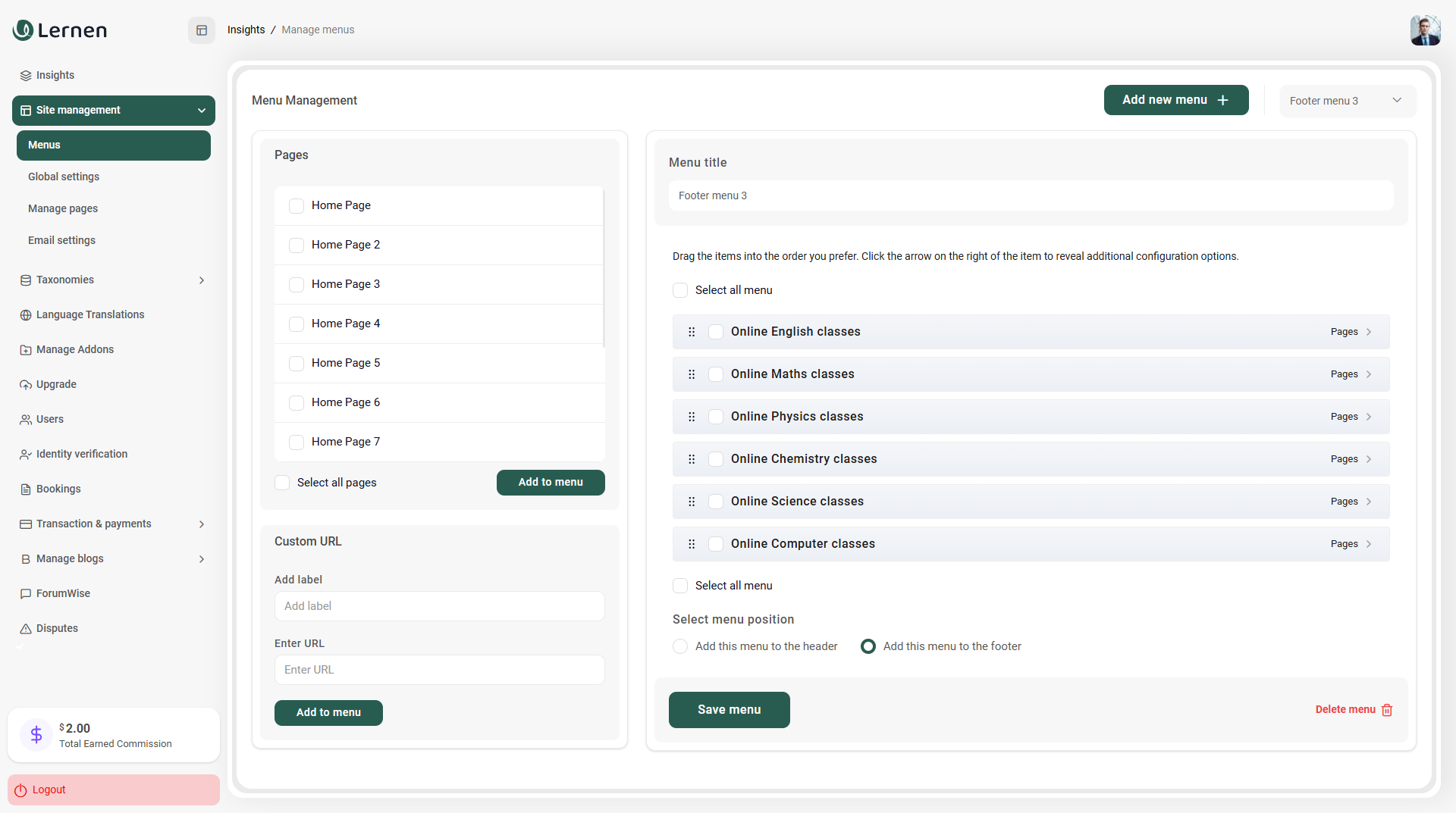 Menu Management Interface