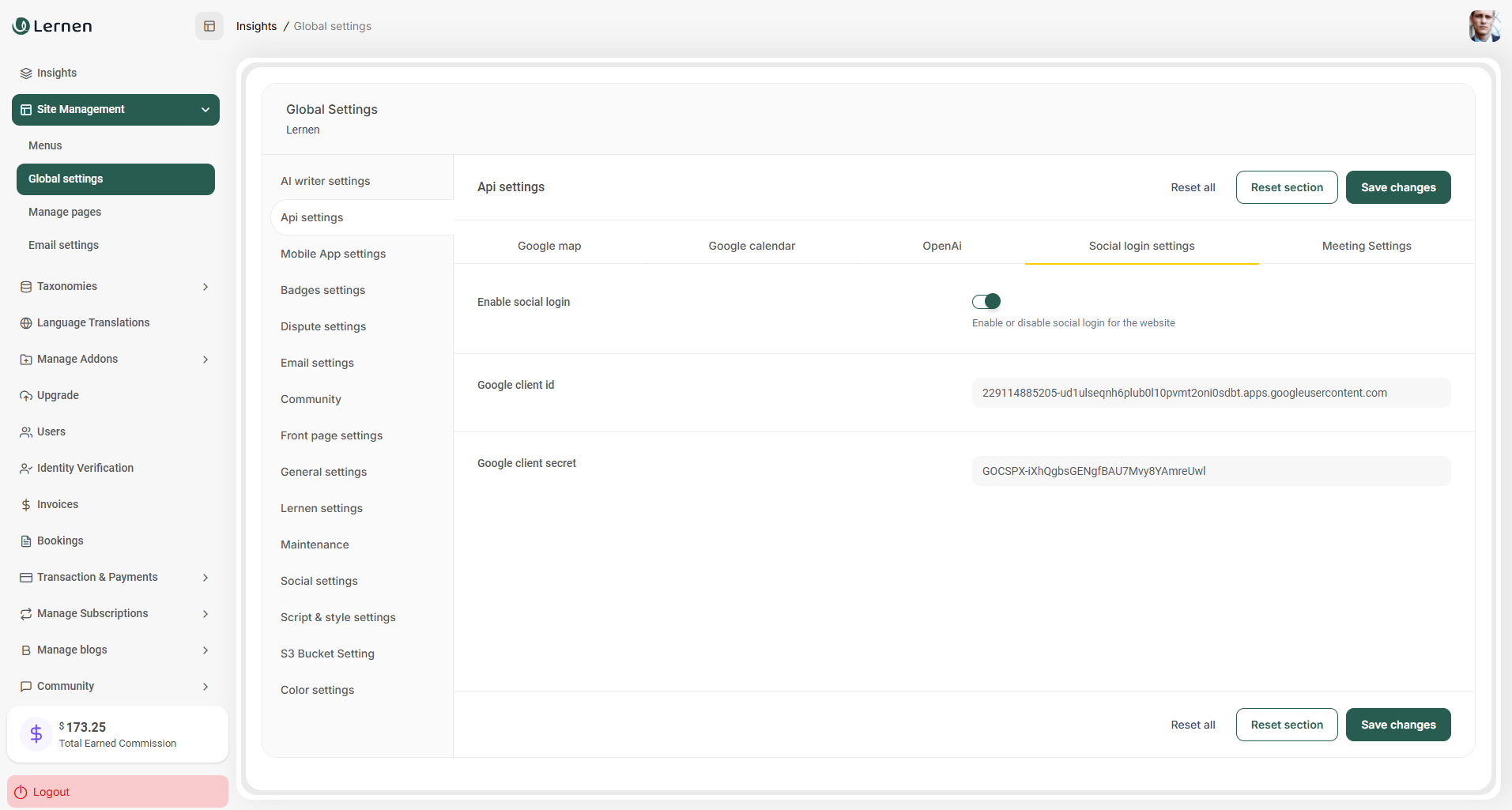 Social Login Setting