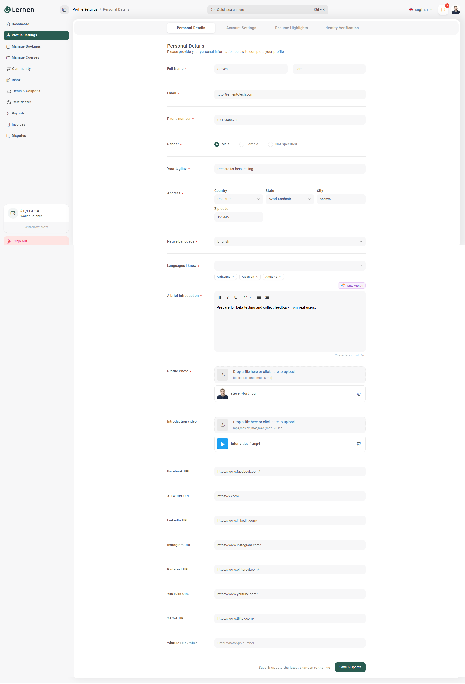 Profile Settings Example