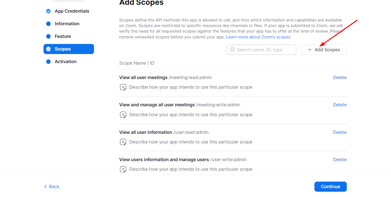 Zoom API Add Scopes